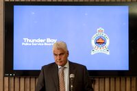 Thunder Bay Police Service Chief Darcy Fleury responds to recent charges against the former TBPS Chief Sylvie Hauth during a press conference in Thunder Bay, Ont. on Monday, April 15, 2024. THE CANADIAN PRESS/David Jackson 
