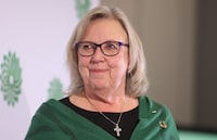 Green Party Leader Elizabeth May is home after a brief stay in hospital for overwork, fatigue and stress according to a statement on her website. May stands on stage before the new leader of the Green Party is chosen in Ottawa on Saturday, November 19, 2022. THE CANADIAN PRESS/ Patrick Doyle