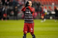 Toronto FC captain Michael Bradley, who has had not played since a 0-0 tie at Nashville on April 8, looks set to miss his fourth straight outing. Bradley (4) salutes the crowd after MLS soccer action against Charlotte FC in Toronto, on Saturday, April 1, 2023. THE CANADIAN PRESS/Andrew Lahodynskyj