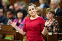 Deputy Prime Minister and Minister of Finance Chrystia Freeland rises during during question period in the House of Commons on Parliament Hill in Ottawa on Monday, April 29, 2024. THE CANADIAN PRESS/Sean Kilpatrick
