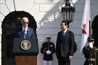 Japanese Prime Minister Fumio Kishida listens to US President Joe Biden speak during an Official Arrival Ceremony on the South Lawn of the White House in Washington, DC, on April 10, 2024. (Photo by SAUL LOEB / AFP) (Photo by SAUL LOEB/AFP via Getty Images)