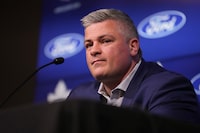 Toronto Maple Leafs head coach Sheldon Keefe speaks to the media in Toronto on Monday May 6, 2024, after his team's season ending loss to Boston Bruins in the first round of the NHL Stanley Cup playoffs. THE CANADIAN PRESS/Chris Young