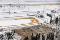 Handout photo of the overland spill (as opposed to the underground leaks).  This is the 5.3 million litre spill that happened Feb 6, 2023. The disturbed land in the foreground is Imperial's remediation efforts, chopping down the trees, and removing the topsoil. But our fear is that it soaked into the permeable surface and muskeg. 