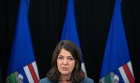 Alberta Premier Danielle Smith speaks during a news conference in Edmonton on Wednesday, Nov. 8, 2023. The Opposition says it’s time to dump once and for all the remaining bottles of imported Turkish children’s fever medicine, given new reports stating the liquid clogs hospital feeding tubes and can put newborns at risk. THE CANADIAN PRESS/Jason Franson