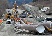 The last section of pipeline is assembled on the Trans Mountain pipeline expansion project before operations are expected to begin in the second quarter of 2024, near Laidlaw, British Columbia, Canada, February 18, 2024.  REUTERS/Chris Helgren 