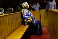 Former Speaker of the National Assembly Nosiviwe Mapisa-Nqakula sit in the dock for her court appearance at the Pretoria Magistrate Court in Pretoria on April 4, 2024. (Photo by Phill Magakoe / AFP) (Photo by PHILL MAGAKOE/AFP via Getty Images)