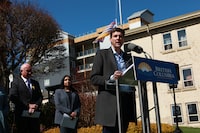 Premier David Eby speaks about new hubs to target violent crime during a press conference in front of the Provincial Court of British Columbia in Nanaimo, B.C., Wednesday, April 12, 2023. THE CANADIAN PRESS/Chad Hipolito 
