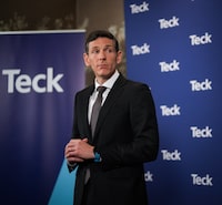 Teck Resources CEO Jonathan Price pauses while responding to questions from reporters after the company's special meeting of shareholders, in Vancouver, B.C., Wednesday, April 26, 2023. THE CANADIAN PRESS/Darryl Dyck