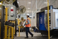 Electric vehicle battery trays are milled while at Magna's Heart Lake production facility, where they are currently manufacturing battery enclosures for Ford F-150s, in Brampton, Ont., Thursday Aug. 3, 2023. (Christopher Katsarov/The Globe and Mail)
