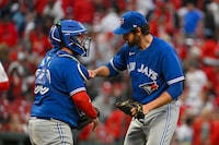Mar 30, 2023; St. Louis, Missouri, USA;  Toronto Blue Jays relief pitcher Jordan Romano (68) and catcher Alejandro Kirk (30) celebrate after the Blue Jays defeated the St. Louis Cardinals at Busch Stadium. Mandatory Credit: Jeff Curry-USA TODAY Sports