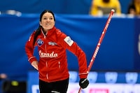 Canada's Kerri Einarson looks on during the match between Canada and Sweden during the round robin session 1 of the LGT World Women's Curling Championship at Goransson Arena in Sandviken, Sweden, Saturday, March 18, 2023. (Jonas Ekstromer/TT News Agency via AP)