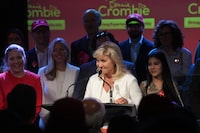 Mississauga Mayor Bonnie Crombie stands on stage with supporters at a rally in Mississauga, Ont. on Wednesday, June 14, 2023, in which she announced her Ontario Liberal Leadership candidacy. THE CANADIAN PRESS/Chris Young