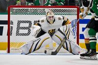 Apr 24, 2024; Dallas, Texas, USA; Vegas Golden Knights goaltender Logan Thompson (36) faces the Dallas Stars attack during the third period in game two of the first round of the 2024 Stanley Cup Playoffs at American Airlines Center. Mandatory Credit: Jerome Miron-USA TODAY Sports