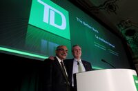Out going TD CEO Ed Clark (R) pose for a photo with in-coming CEO Bharat Masrani during the company annual general meeting April 4, 2013 in Ottawa.     DAVE CHAN for The Globe and Mail