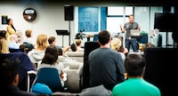 Greg Smith, CEO & Co-founder of Thinkific speaking at Thinkific HQ 