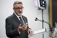 Paul Calandra, Ontario Minister of Municipal Affairs and Housing speaks during a press conference regarding housing development in the Greater Toronto Area at Toronto City Hall, in Toronto on Thursday, Feb. 22, 2024. THE CANADIAN PRESS/Arlyn McAdorey