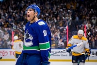 Apr 21, 2024; Vancouver, British Columbia, CAN; Vancouver Canucks forward Dakota Joshua (81) celebrates scoring the game winning goal against the Nashville Predators in the third period in game one of the first round of the 2024 Stanley Cup Playoffs at Rogers Arena. Mandatory Credit: Bob Frid-USA TODAY Sports