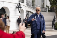 President Joe Biden speaks with the media before boarding Marine One for departure from the South Lawn of the White House, Friday, April 5, 2024, in Washington. Biden is headed to Maryland. (AP Photo/Alex Brandon)