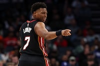 CHARLOTTE, NORTH CAROLINA - DECEMBER 11: Kyle Lowry #7 of the Miami Heat reacts following a play during the second half of their game against the Charlotte Hornets at Spectrum Center on December 11, 2023 in Charlotte, North Carolina. NOTE TO USER: User expressly acknowledges and agrees that, by downloading and or using this photograph, User is consenting to the terms and conditions of the Getty Images License Agreement. (Photo by Jared C. Tilton/Getty Images)