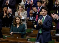 Canada's Prime Minister Justin Trudeau applauds as Canada's Deputy Prime Minister and Minister of Finance Chrystia Freeland presents the federal government budget for fiscal year 2023-24 in the House of Commons on Parliament Hill in Ottawa, Ontario, Canada March 28, 2023.  REUTERS/Blair Gable