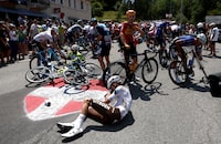 Cycling - Tour de France - Stage 15 - Les Gets Les Portes Du Soleil to Saint-Gervais Mont-Blanc - France - July 16, 2023 General view of riders after a crash during stage 15 REUTERS/Benoit Tessier     TPX IMAGES OF THE DAY