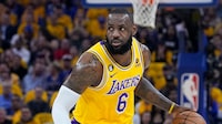 Los Angeles Lakers forward LeBron James against the Golden State Warriors during the first half of Game 5 of an NBA basketball second-round playoff series, Wednesday, May 10, 2023, in San Francisco. (AP Photo/Godofredo A. Vásquez)