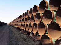 Pipes intended for construction of the Keystone XL pipeline are shown in Gascoyne, N.D. on Wednesday April 22, 2015. THE CANADIAN PRESS/Alex Panetta