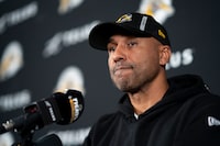 Hamilton Tiger Cats Head Coach Orlondo Steinauer during a media availability in Hamilton, Ont., Monday, Nov. 6, 2023.The  Hamilton Tiger Cats’ season ended with a loss to the Montreal Alouettes this past weekend. THE CANADIAN PRESS/Peter Power