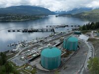 FILE PHOTO: A drone view of three berths able to load vessels with oil is seen after their construction at Westridge Marine Terminal, the terminus of the Canadian government-owned Trans Mountain pipeline expansion project in Burnaby, British Columbia, Canada, April 26, 2024. REUTERS/Chris Helgren/File Photo