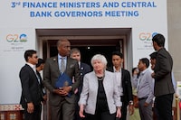 U.S. Treasury Secretary Janet Yellen, center, leaves after attending G-20's third Finance Ministers and Central Bank Governors (FMCBGs) meeting in Gandhinagar, India, Monday, July 17, 2023. (AP Photo/Ajit Solanki)