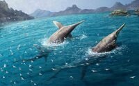 A pair of giant Ichthyotitan severnensis, a newly identified species of marine reptile that lived 202 million years ago based on fossils discovered at Somerset, England, swim in this illustration obtained by Reuters on April 16, 2024. Gabriel Ugueto/Handout via REUTERS