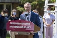 Saskatchewan Minister of Mental Health and Addictions, Seniors, and Rural and Remote Health Everett Hindley speaks at a media event in Saskatoon, Wednesday, May 25, 2022. The Saskatchewan government has announced it's opening a new health centre in Regina to help breast cancer patients get screened sooner. THE CANADIAN PRESS/Liam Richards