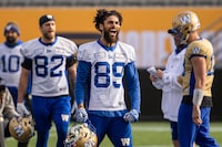 Winnipeg Blue Bombers wide receiver Kenny Lawler (89) reacts to a play during practice in Hamilton, Ont., Thursday, Nov. 16, 2023. Winnipeg Blue Bombers will play the Montreal Alouettes in the 110th Grey Cup on Sunday. THE CANADIAN PRESS/Nick Iwanyshyn


