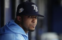 FILE - Tampa Bay Rays' Wander Franco looks on during a baseball game on Aug. 13, 2023, in St. Petersburg, Fla. Franco was arrested Monday, Jan. 1, 2024, in the Dominican Republic after being interviewed by prosecutors investigating him for an alleged relationship with a minor, according to an official in the Puerto Plata province prosecutor's office. (AP Photo/Chris O'Meara, File)