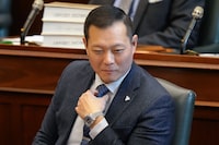 Ontario Long-Term Care Minister Stan Cho attends Question Period at the Ontario Legislature in Toronto, Tuesday, Nov. 28, 2023. Nearly 300 people in Ontario have been moved from hospitals to long-term care homes not of their choosing under a law the government implemented a little over a year ago.THE CANADIAN PRESS/Chris Young