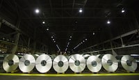 Statistics Canada says wholesale sales excluding petroleum fell 0.1 per cent to $85.6 billion in March, led by a drop in the miscellaneous subsector and the machinery equipment and supplies subsector. Rolls of coiled coated steel are shown at Stelco&nbsp; in Hamilton on June 29, 2018.&nbsp; THE CANADIAN PRESS/Peter Power