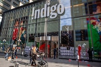 Indigo at Bay and Bloor, in Toronto on November 10, 2023 where messages and paint were put on the windows and doors of the store.