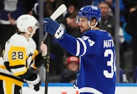 Toronto Maple Leafs' Auston Matthews (34) celebrates his goal against the Pittsburgh Penguins during third period NHL hockey action in Toronto on Monday, April 8, 2024. THE CANADIAN PRESS/Frank Gunn