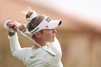 PHOENIX, ARIZONA - MARCH 28: Nelly Korda of the United States plays her shot from the eighth tee during the first round of the Ford Championship presented by KCC at Seville Golf and Country Club on March 28, 2024 in Phoenix, Arizona. (Photo by Christian Petersen/Getty Images)