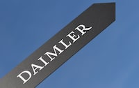 FILE PHOTO: A sign showing the name of German truck maker Daimler is pictured at the IAA truck show in Hanover, September 22,  2016.  REUTERS/Fabian Bimmer/File Photo