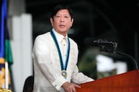 Philippines' President Ferdinand Marcos Jr. delivers his speech during the 88th anniversary of the Armed Forces of the Philippines at Camp Aguinaldo military headquarters in Quezon city, Philippines on Dec. 21, 2023. Philippine President Ferdinand Marcos has congratulated the winner of Taiwan’s presidential election, Lai Ching Te — who had been strongly opposed by China — saying in a statement that he looks forward to “close collaboration." (AP Photo/Aaron Favila, File)