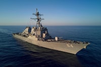 This handout photo released by the US Navy shows the Arleigh Burke-class guided-missile destroyer USS Carney (DDG 64) operating in the Mediterranean Sea on July 1, 2017. The American naval destroyer shot down three Iranian drones along with an anti-ship missile fired by Yemen's Huthis rebels on January 31, 2024, the US military said. (Photo by Xavier JIMENEZ / US NAVY / AFP) / RESTRICTED TO EDITORIAL USE - MANDATORY CREDIT "AFP PHOTO / US NAVY / XAVIER JIMENEZ " - NO MARKETING - NO ADVERTISING CAMPAIGNS - DISTRIBUTED AS A SERVICE TO CLIENTS (Photo by XAVIER JIMENEZ/US NAVY/AFP via Getty Images)