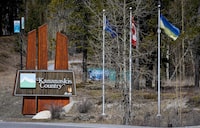 A sign marking the entrance to Kananaskis Country in Canmore, Alta., Monday, April 24, 2023. THE CANADIAN PRESS/Jeff McIntosh