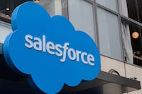 The company logo for Salesforce.com is displayed on the Salesforce Tower in New York City, U.S., March 7, 2019.