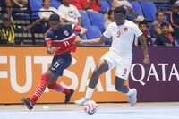 Canadian Loic Kwemi, right, grabs a handful of Cuban Dayan Cotilla’s jersey at the CONCACAF Futsal Championship on Saturday, April 13, 2024, at Polideportivo Alexis Arguello in Managua, Nicaragua. THE CANADIAN PRESS/HO-CONCACAF
* MANDATORY CREDIT *