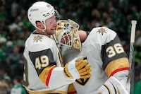 DALLAS, TEXAS - APRIL 22: Ivan Barbashev #49 and Logan Thompson #36 of the Vegas Golden Knights celebrate a 4-3 win over the Dallas Stars in Game One of the First Round of the 2024 Stanley Cup Playoffs at the American Airlines Center on April 22, 2024 in Dallas, Texas.  (Photo by Sam Hodde/Getty Images)