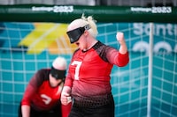 Canada's Amy Burk, celebrates during a women's goalball preliminary game against Peru at the 2023 Parapan American Games in Santiago, Chile in this Monday, Nov. 20, 2023 handout photo. Emma Reinke's hat trick helped Canada to a 4-2 victory over two-time defending champions Brazil in the women’s goalball semifinals. THE CANADIAN PRESS/HO, Angela Burger, Canadian Paralympic Committee *MANDATORY CREDIT*