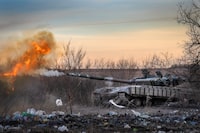 A Ukrainian tank of the 17th tank brigade fires at the Russian positions in Chasiv Yar, the site of fierce battles with the Russian troops in the Donetsk region, Ukraine, Thursday, Feb. 29, 2024. (AP Photo/Efrem Lukatsky)