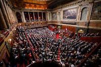 General view of the Congress of both Houses of Parliament at the Palace of Versailles during the speech of French Prime Minister Gabriel Attal in Versailles, west of Paris, Monday, March 4, 2024. French lawmakers gather at the Palace of Versailles for a historic vote that will make abortion a constitutional right. (AP Photo/Thomas Padilla)