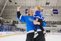 PWHL Toronto forward Natalie Spooner (24) holds her son Rory as she is named a player of the game following PWHL Toronto’s regulation win against PWHL Ottawa in the regular-season finale at the Mattamy Athletic Centre in Toronto on May 5, 2024.
May 5, 2024.
(Sammy Kogan/The Globe and Mail)